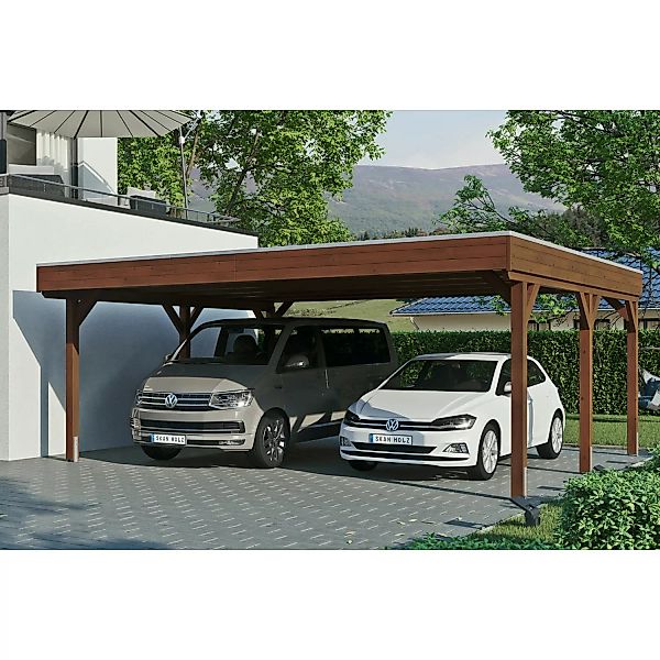 Skan Holz Carport Grunewald 622 cm x 554 cm mit EPDM-Dach Nussbaum günstig online kaufen