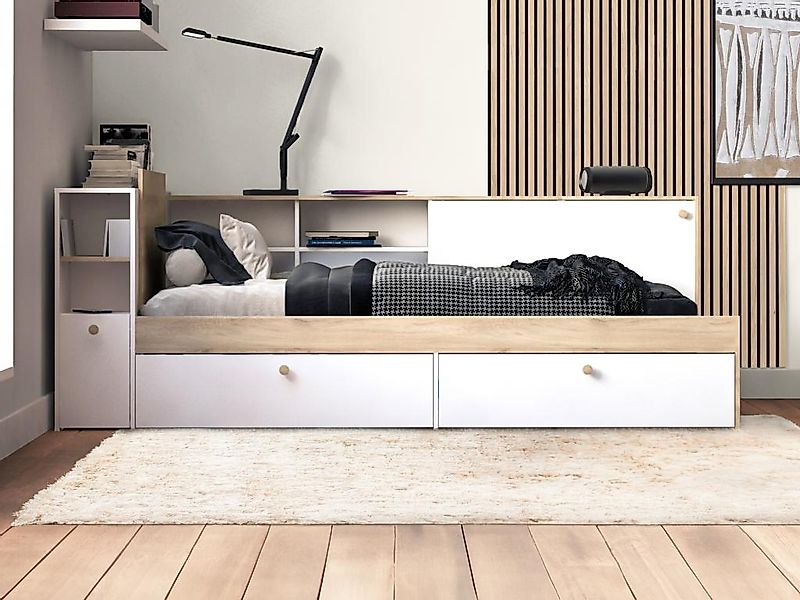 Bett mit Stauraum - 90 x 190/200 cm - Weiß & Holzfarben + Lattenrost + Matr günstig online kaufen