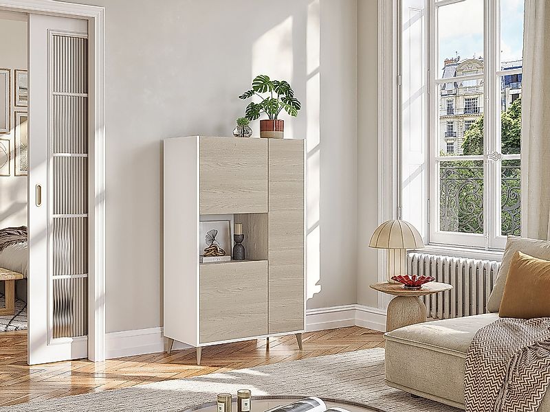 Highboard mit 3 Türen & 1 Ablage - Eichefarben & Weiß - KOLYMA günstig online kaufen