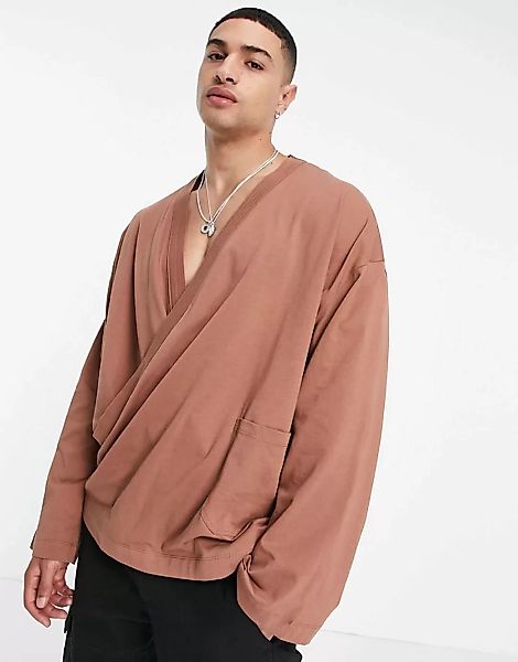 ASOS DESIGN – Langärmliges Oversize-Shirt aus Jersey in Braun mit Wickeldes günstig online kaufen