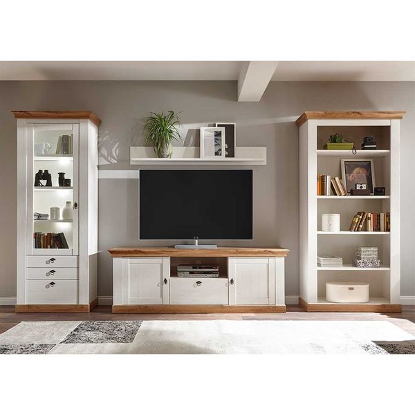 Landhaus Wohnwand in Weiß Wildeichefarben (vierteilig) günstig online kaufen