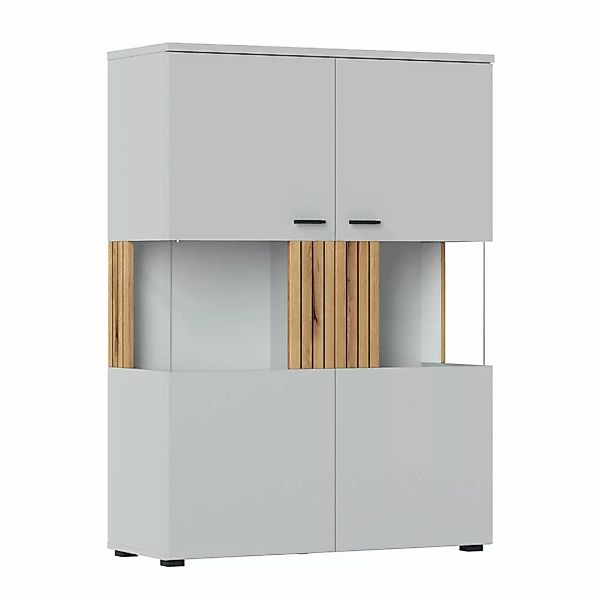 Highboard 100cm breit, grau mit Eiche, Rillenoptik, ASHBURTON-129 günstig online kaufen