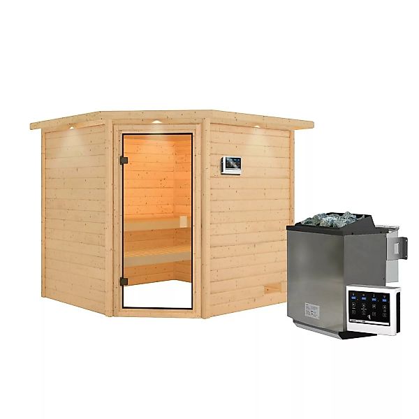 Karibu Sauna Tilda mit Kranz Set Naturbelassen mit Ofen 9 kW Bio ext. Steue günstig online kaufen