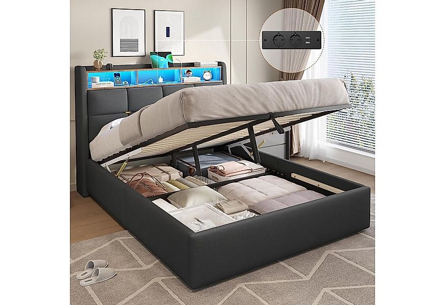 MSMASK Polsterbett mit LED Beleuchtung und Steckdosenleiste, hydraulisches günstig online kaufen