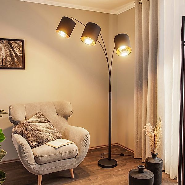 Lindby Stehleuchte Nanika, schwarz/gold, 202 cm, E27, 3-flg. günstig online kaufen