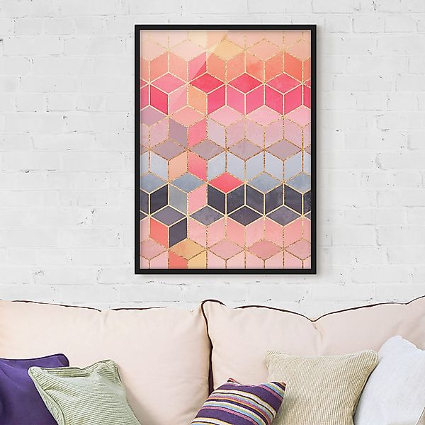 Bild mit Rahmen - Hochformat Buntes Pastell goldene Geometrie günstig online kaufen