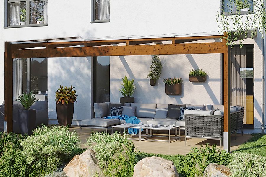 Skan Holz Terrassenüberdachung Novara 557 cm x 359 cm Nussbaum günstig online kaufen