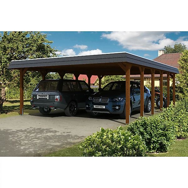 Skan Holz Carport Spreewald 585 cm x 893 cm EPDM Dach schwarze Blende Nussb günstig online kaufen