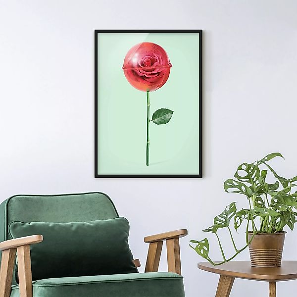 Bild mit Rahmen Blumen - Hochformat Rose mit Lollipop günstig online kaufen