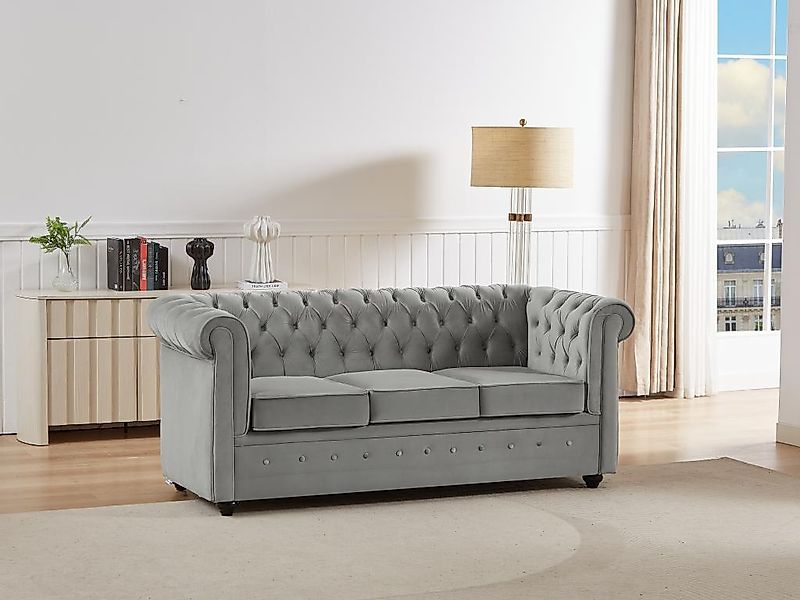 Sofa mit Schlaffunktion 3-Sitzer - Samt - Hellgrau - CHESTERFIELD günstig online kaufen