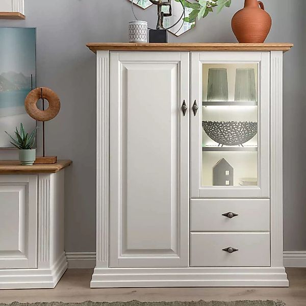 Landhaus Highboard in Weiß und Eichefarben zwei Schubladen und Türen günstig online kaufen