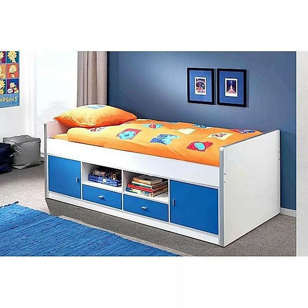 Lomadox Kinderbett, 90x200cm, mit viel Stauraum, weiß/blau günstig online kaufen