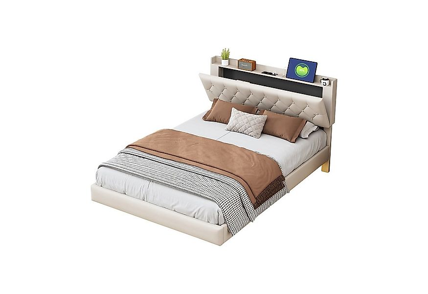 Flieks Polsterbett, LED Doppelbett 140x200cm mit Ladeanschluss und Stauraum günstig online kaufen