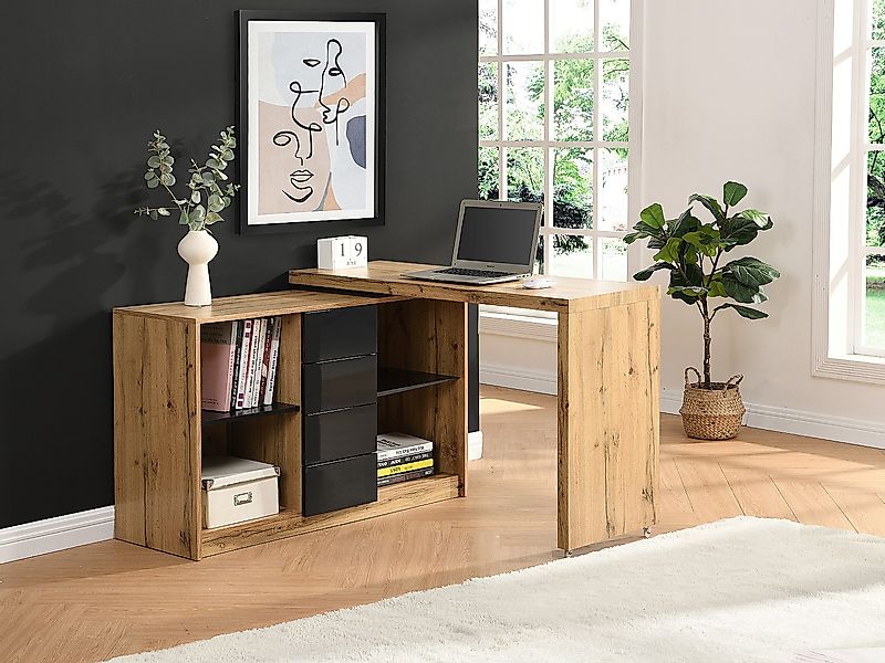 Ausziehbarer Schreibtisch mit 360° drehbarer Platte - MDF - Holzfarben & Sc günstig online kaufen