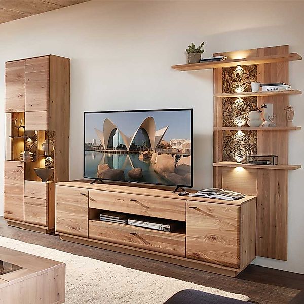 TV Wohnwand Front Massivholz in modernem Design 204 cm hoch (dreiteilig) günstig online kaufen