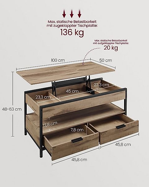 VASAGLE Couchtisch, höhenverstellbar, mit Schubladen, 50 x 100 x (48-63) cm günstig online kaufen