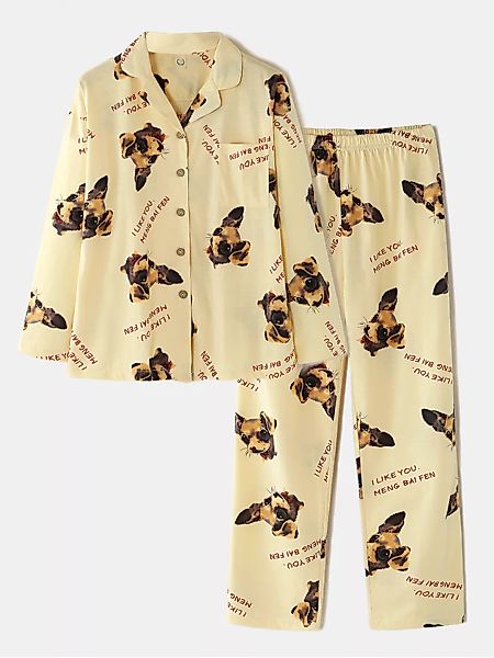 Damen Cotton Dog Letter Print Revershalsband Lange Pyjamas-Sets mit Tasche günstig online kaufen