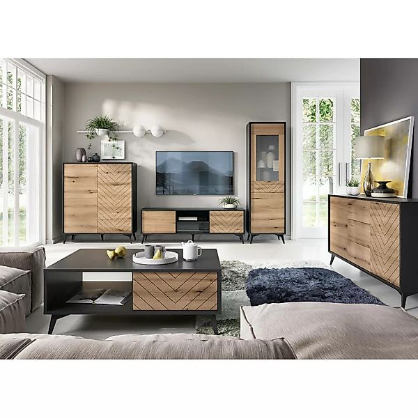 Wohnzimmer Set mit Wohnwand schwarz mit Eiche DALE-160 5-teilig günstig online kaufen