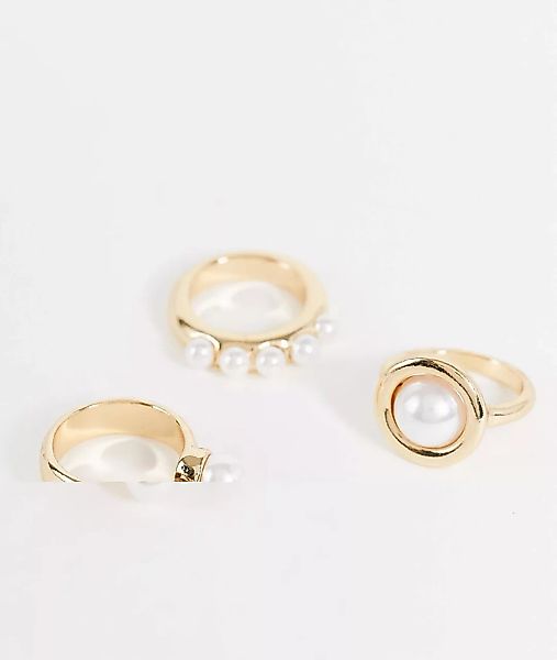 ASOS DESIGN – 3er-Set goldfarbene Ringe mit Perlen günstig online kaufen