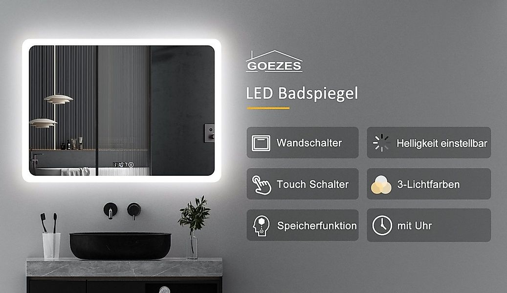 WDWRITTI Badspiegel Led 50x70 80x60 100x60 Touch Uhr dimmbar Spiegel Bad mi günstig online kaufen