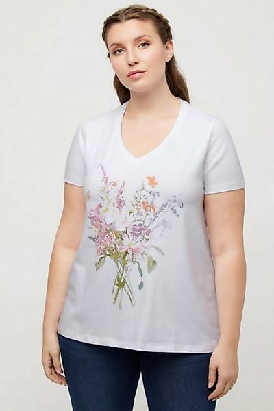 Ulla Popken Rundhalsshirt T-Shirt Blumenstrauß Classic V-Ausschnitt Halbarm günstig online kaufen