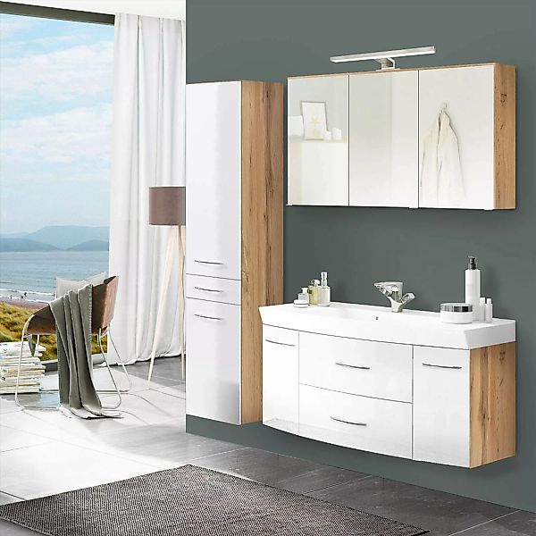 Badmöbel Waschplatz Set mit 120cm Waschtisch FLORIDO-03-OAK Hochglanz weiß günstig online kaufen