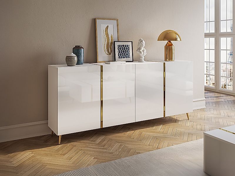 Sideboard mit 4 Türen - 200 cm - Hochglanz Weiß & Gold - MARZIALO günstig online kaufen