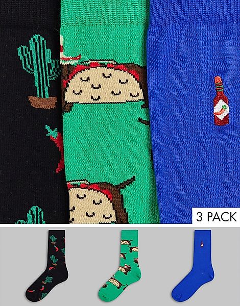 ASOS DESIGN – 3er-Pack Socken mit Dackelmotiv im Chili- und Taco-Design-Meh günstig online kaufen