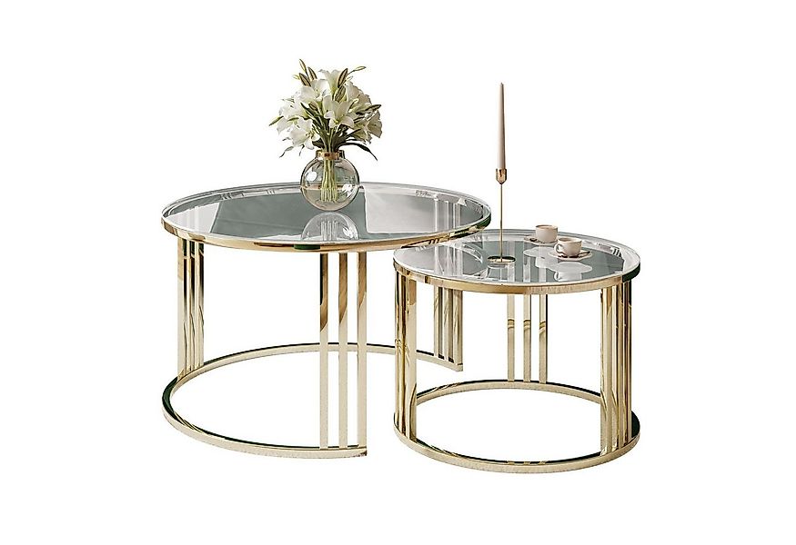 Lookway Couchtisch LORI 2in1 GLASS runder Couchtisch mit gold chrom Gestell günstig online kaufen