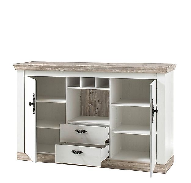 Lomadox Sideboard FERNA-61, weiß Nb. und Oslo Pinie dunkel Nb. mit Flaschen günstig online kaufen