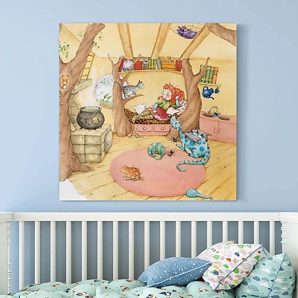 Leinwandbild Kinderzimmer - Quadrat Frida die kleine Waldhexe - Frida erzäh günstig online kaufen