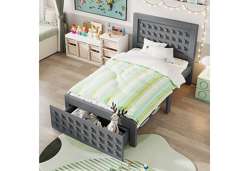 Flieks Kinderbett, Holzbett Einzelbett 90x200cm Bausteine-Form mit Schublad günstig online kaufen