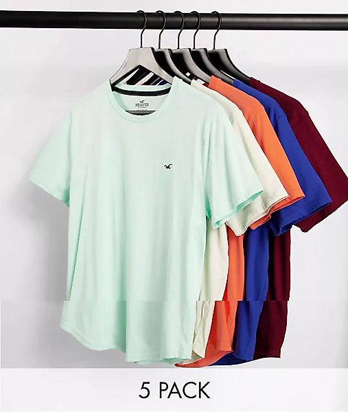 Hollister – 5er-Pack T-Shirts mit abgerundetem Saum und Symbollogo in Blau/ günstig online kaufen
