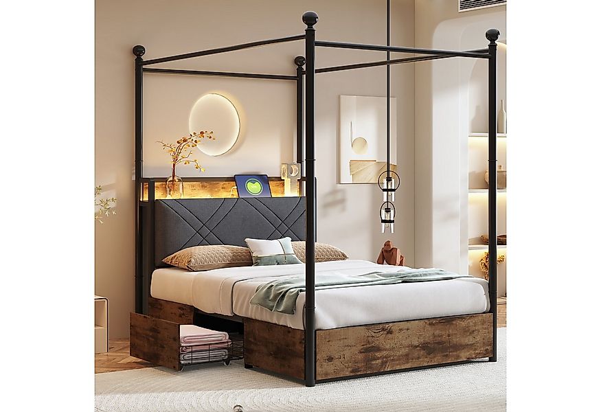 Flieks Himmelbett, Stauraumbett Metallbett 90x190cm mit 2 Schubladen, LED u günstig online kaufen