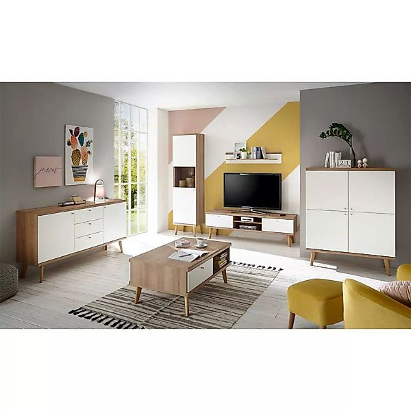 Wohnzimmer Set in Weiß und Eiche Skandi Design (sechsteilig) günstig online kaufen