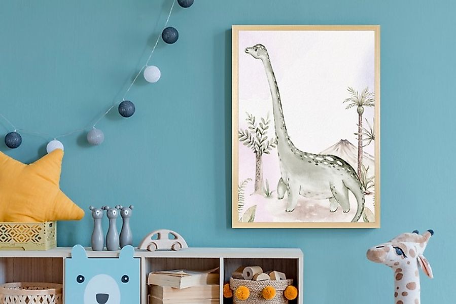 queence Bild mit Rahmen »Dino und Vulkan«, Baum-Baumbilder-Bäume-Dinosaurie günstig online kaufen