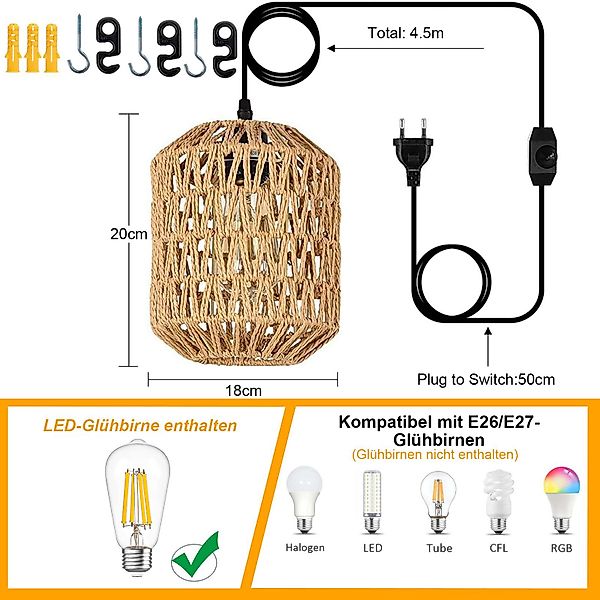 SERBASIC Pendelleuchte Dimmbar Boho Rattan hängelampe günstig online kaufen