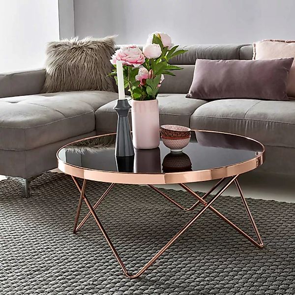 Eleganter Sofa Tisch aus Sicherheitsglas und Metall Schwarz und Kupfer günstig online kaufen