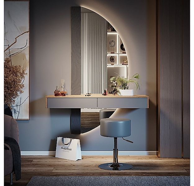 Vicco Schminktisch Melisa, Eiche/Grau, 120 cm mit Beleuchtung und Hocker günstig online kaufen