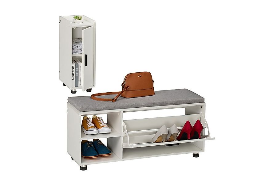 relaxdays Schuhbank mit Sitzfläche & Schrank Set, Weiss-grau günstig online kaufen