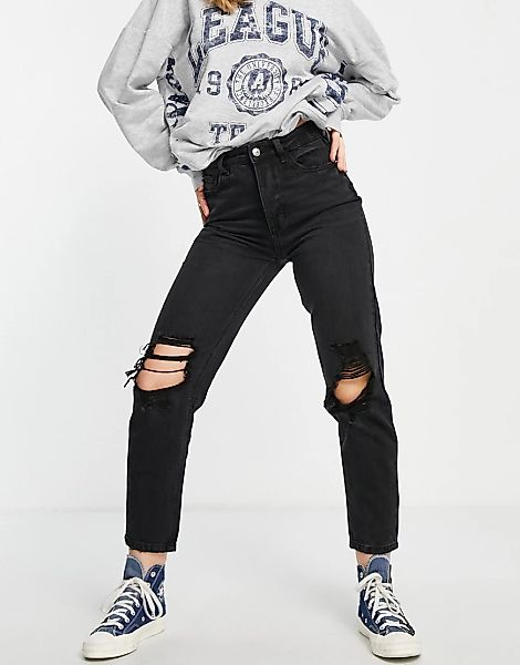 Pimkie – Zerrissene Jeans mit geradem Bein und hohem Bund in Schwarz günstig online kaufen