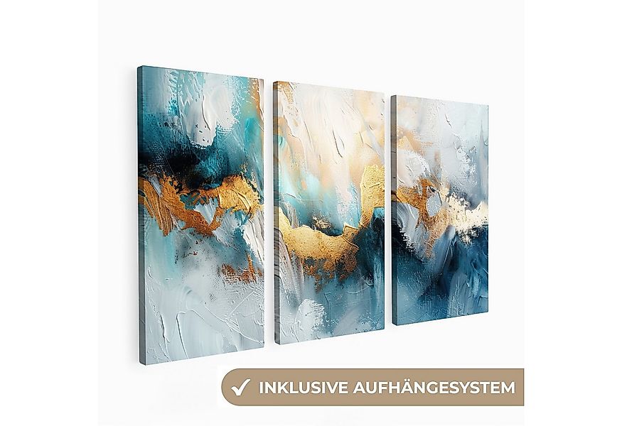 MuchoWow Leinwandbild Blau - Abstrakt - Weiß - Gold - Farbe, Fotodruck (3 S günstig online kaufen