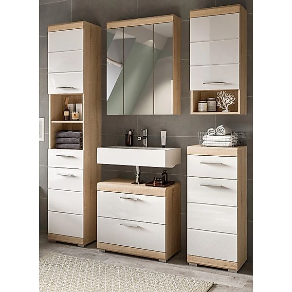 Inn.Furn Badmöbel Set in Weiß Hochglanz und Eiche 5-teilig 164 cm Mambo günstig online kaufen