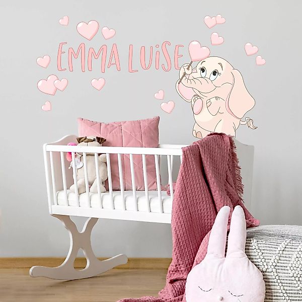 Wunschtext-Wandtattoo Kinderzimmer Rosa Babyelefant mit vielen Herzen günstig online kaufen
