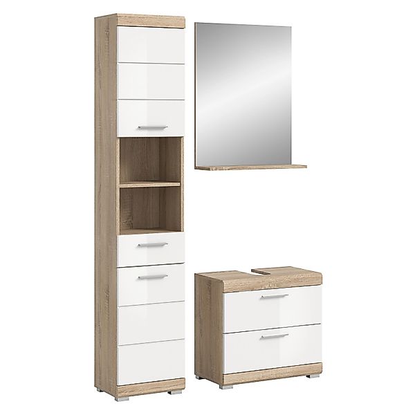 Badkombi Lambada m. Spiegel/Waschbeckenunterschrank Eiche/Weiß Hochglanz 3- günstig online kaufen