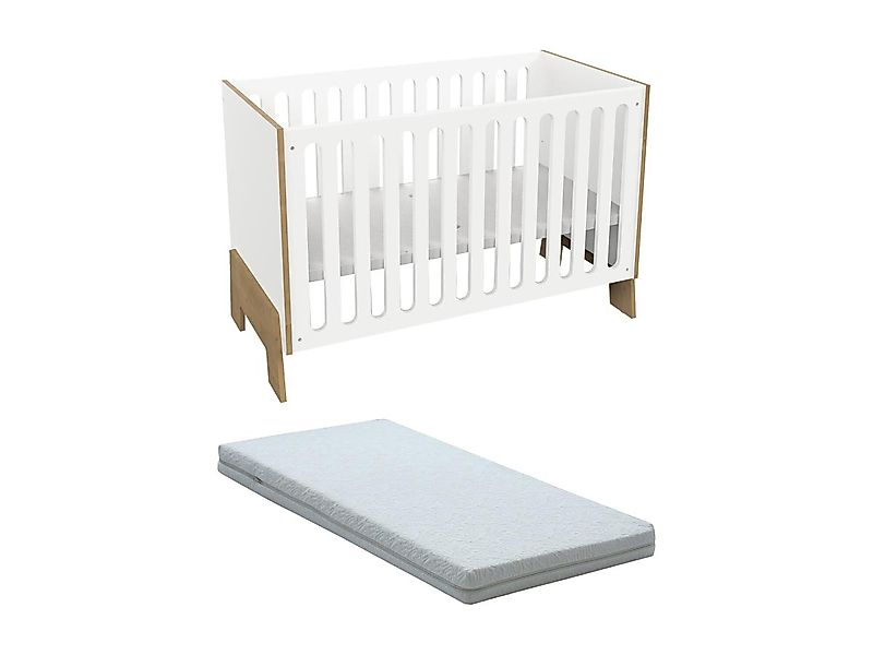 Babybett 60 x 120 cm + Matratze - MDF - Weiß & Holzfarben - BERUVO günstig online kaufen