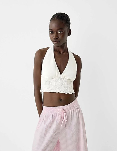 Bershka Cropped-Top Mit Neckholder Und Leinen Damen Xs Grbrochenes Weiss günstig online kaufen