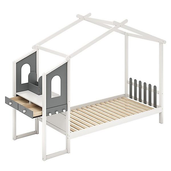 COSTWAY Kinderbett, Hausbett, mit Lattenrost & Schreibtisch, 90x200cm günstig online kaufen