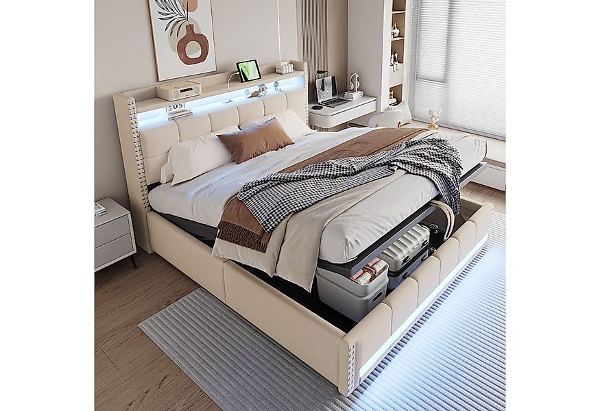 Flieks Polsterbett, LED Hydraulisches Stauraumbett Doppelbett 180x200cm mit günstig online kaufen