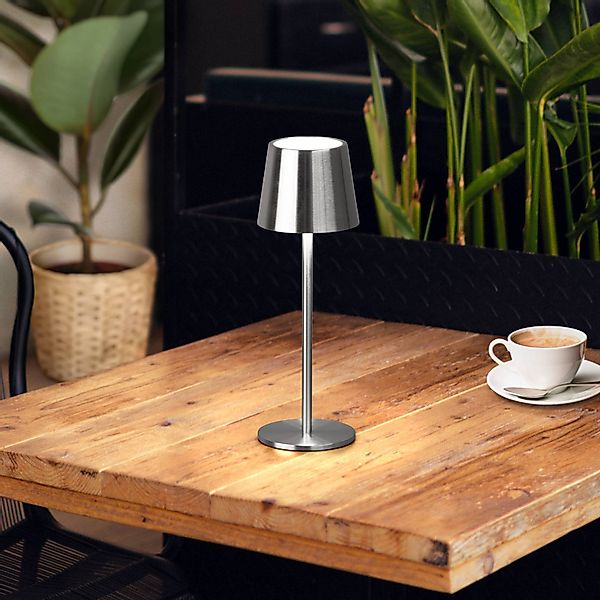 LED-Akku-Tischlampe Roxi, nickelfarben, Metall, IP54, Dimmer günstig online kaufen